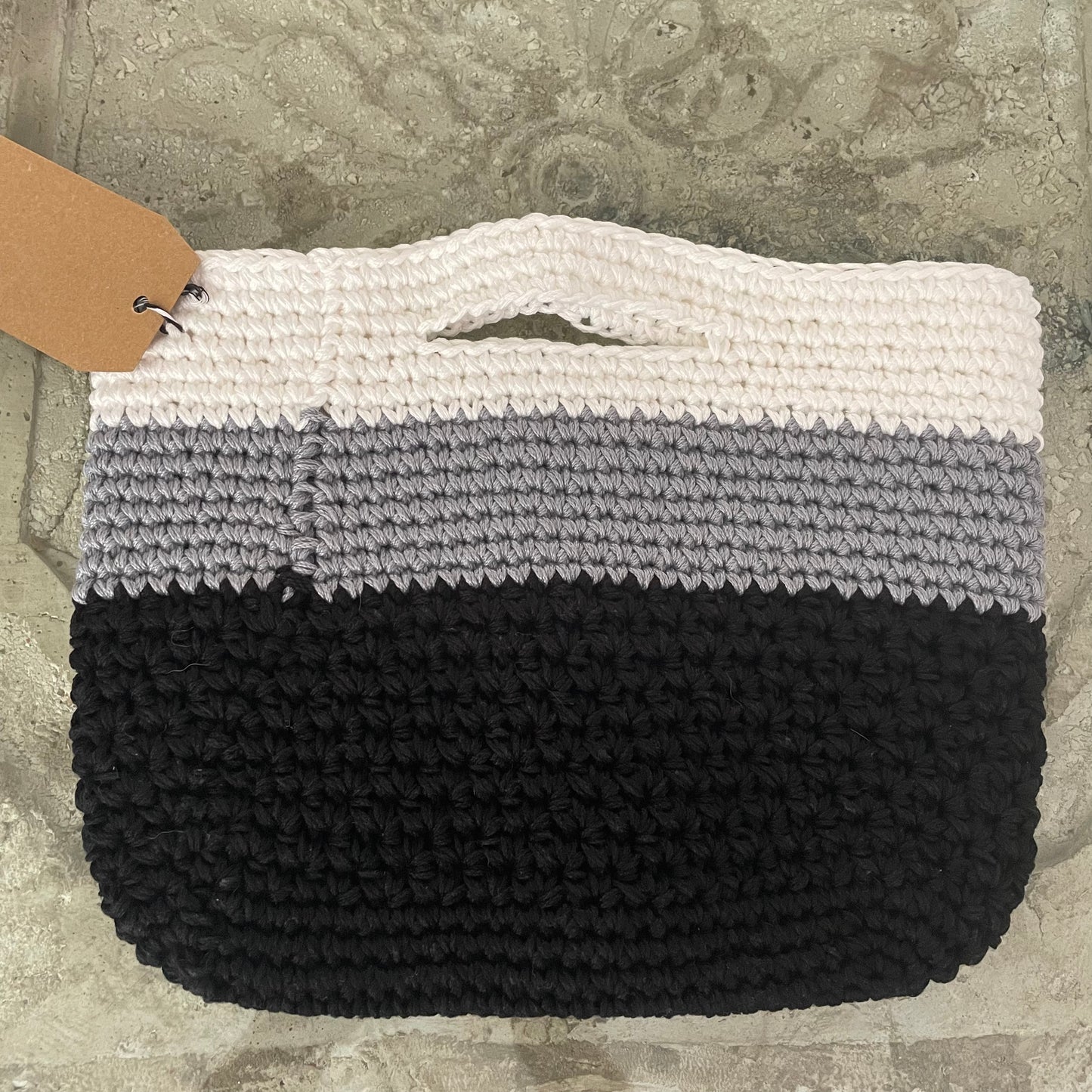 Colorblock Hand Crocheted Handled Purse Medium Knit Handbag Boho Minimalist Chic Cottagecore Black White Gray 100% Cotton