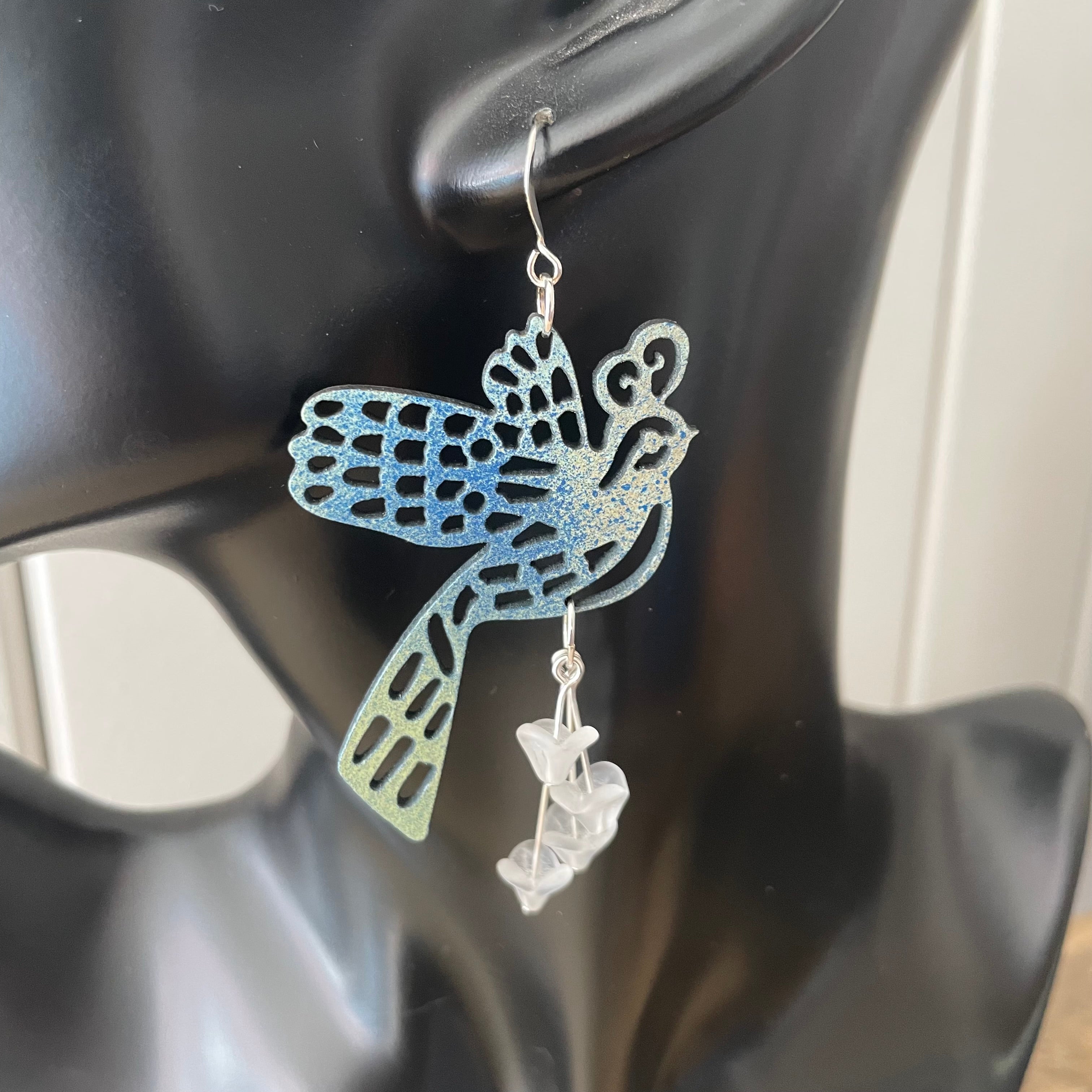 Oversize Laser Cut Bird & Dangling White Frosted Glass Flower Earrings 3.5" Hand Painted Lightweight Shiny Blue Spatter Off-White Women Gift Idea