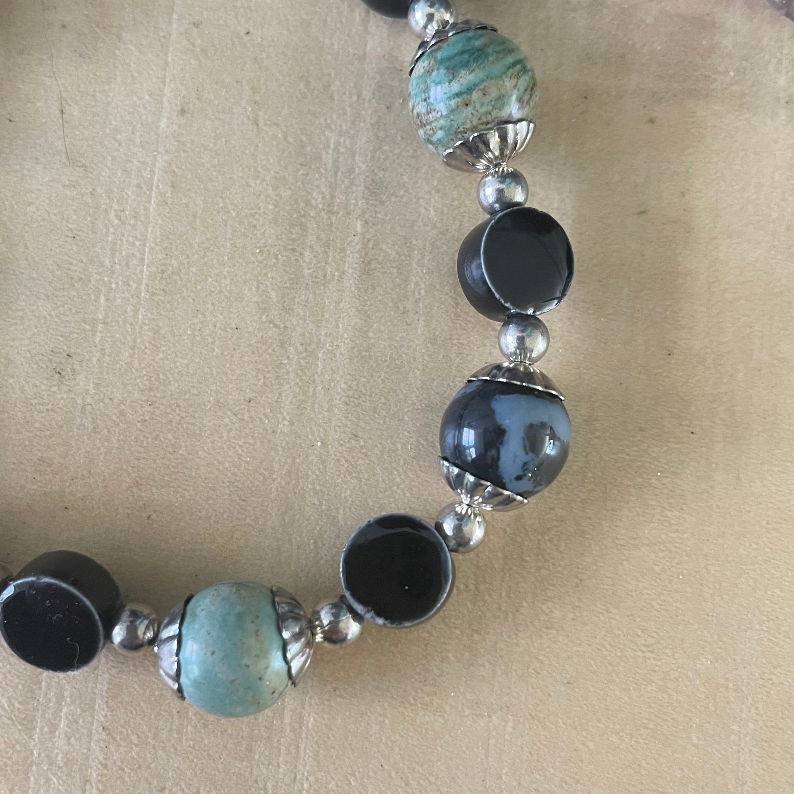 Handmade Petrified Wood & Ceramic Bead Bracelet Marbled Blue Green Brown Black Cream Textured Unisex Gift
