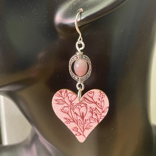 Handmade Rose Quartz Wooden Embossed Heart Dangle Earrings Romantic Valentine's Day Women's Jewelry Gift Casual Everyday
