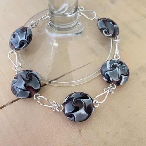Chunky Multicolor Swirl Glass Bracelet Hand Turned Links 7.5" Black Grey White Elegant Drama Day Night
