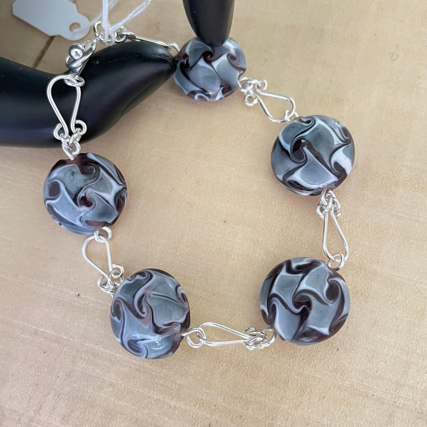 Chunky Multicolor Swirl Glass Bracelet Hand Turned Links 7.5" Black Grey White Elegant Drama Day Night