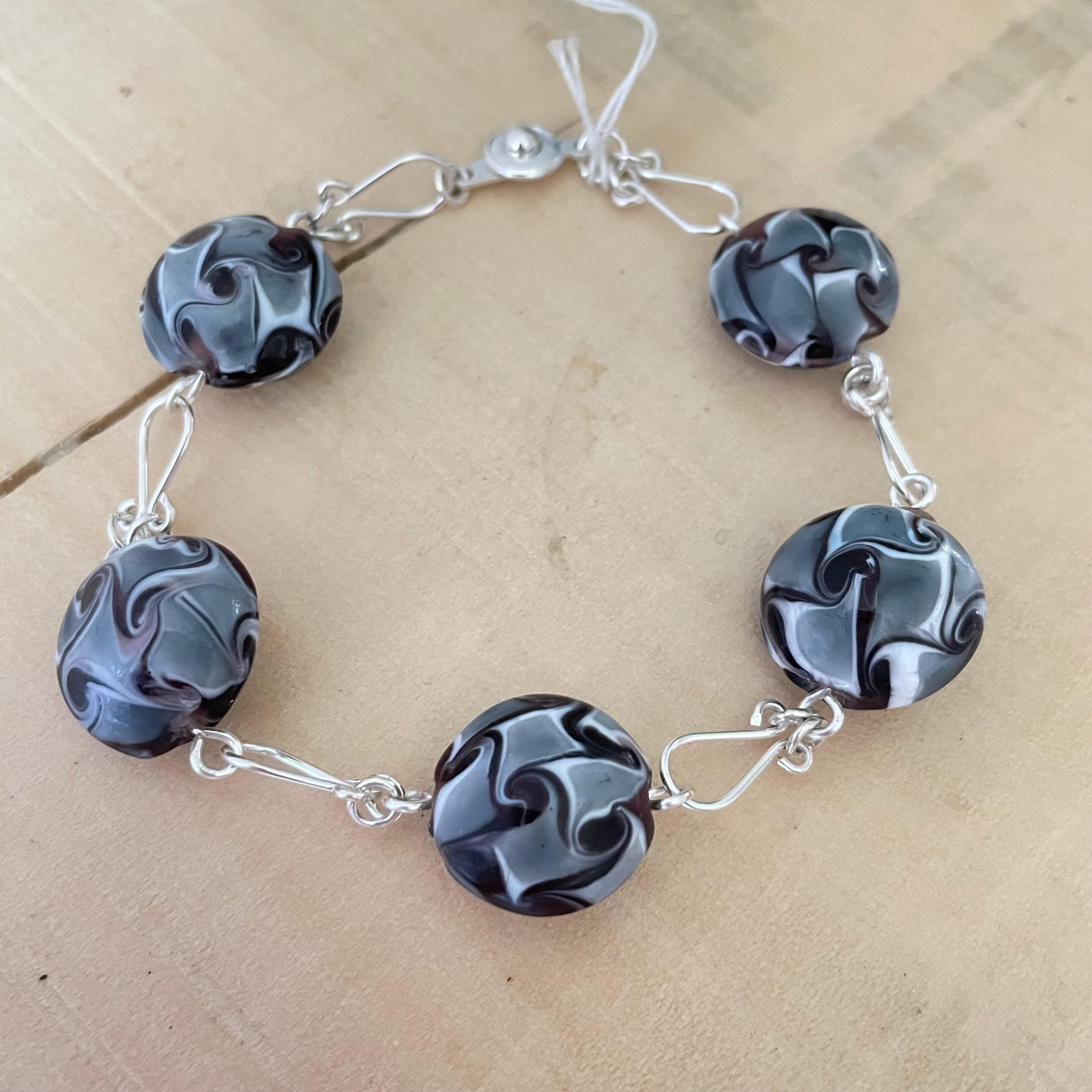 Chunky Multicolor Swirl Glass Bracelet Hand Turned Links 7.5" Black Grey White Elegant Drama Day Night