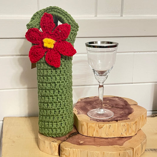 Poinsettia Wine Bottle Carrier Holders Hand Crocheted Holiday Gift Bag Knit Embellished Fall Winter Flower Floral Alcohol Avocado Green Red