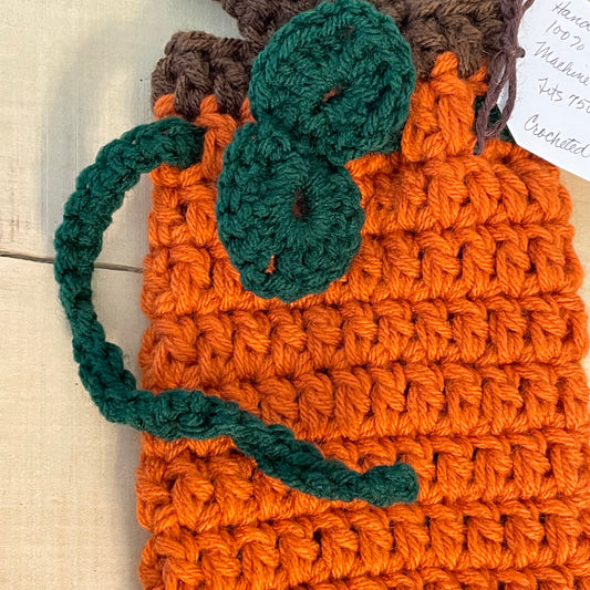 Pumpkin Wine Bottle Carrier Holders Hand Crocheted Holiday Gift Bag Knit Embellished Fall Winter Alcohol Orange Green