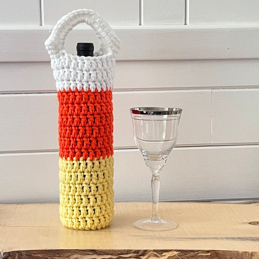 Candy Corn Wine Bottle Carrier Holders Hand Crocheted Holiday Gift Bag Knit Embellished Fall Winter Flower Floral Halloween Orange Yellow