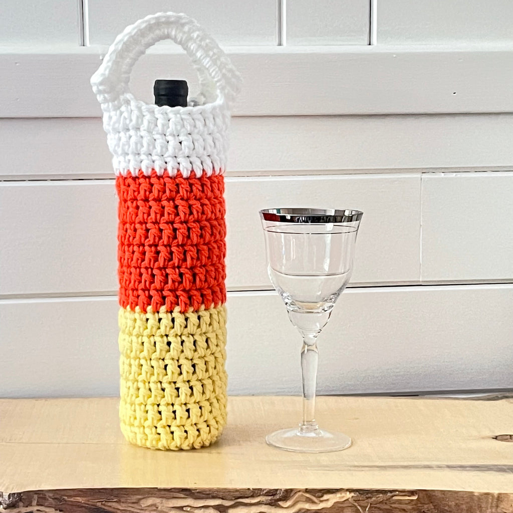 Candy Corn Wine Bottle Carrier Holders Hand Crocheted Holiday Gift Bag Knit Embellished Fall Halloween Orange Yellow