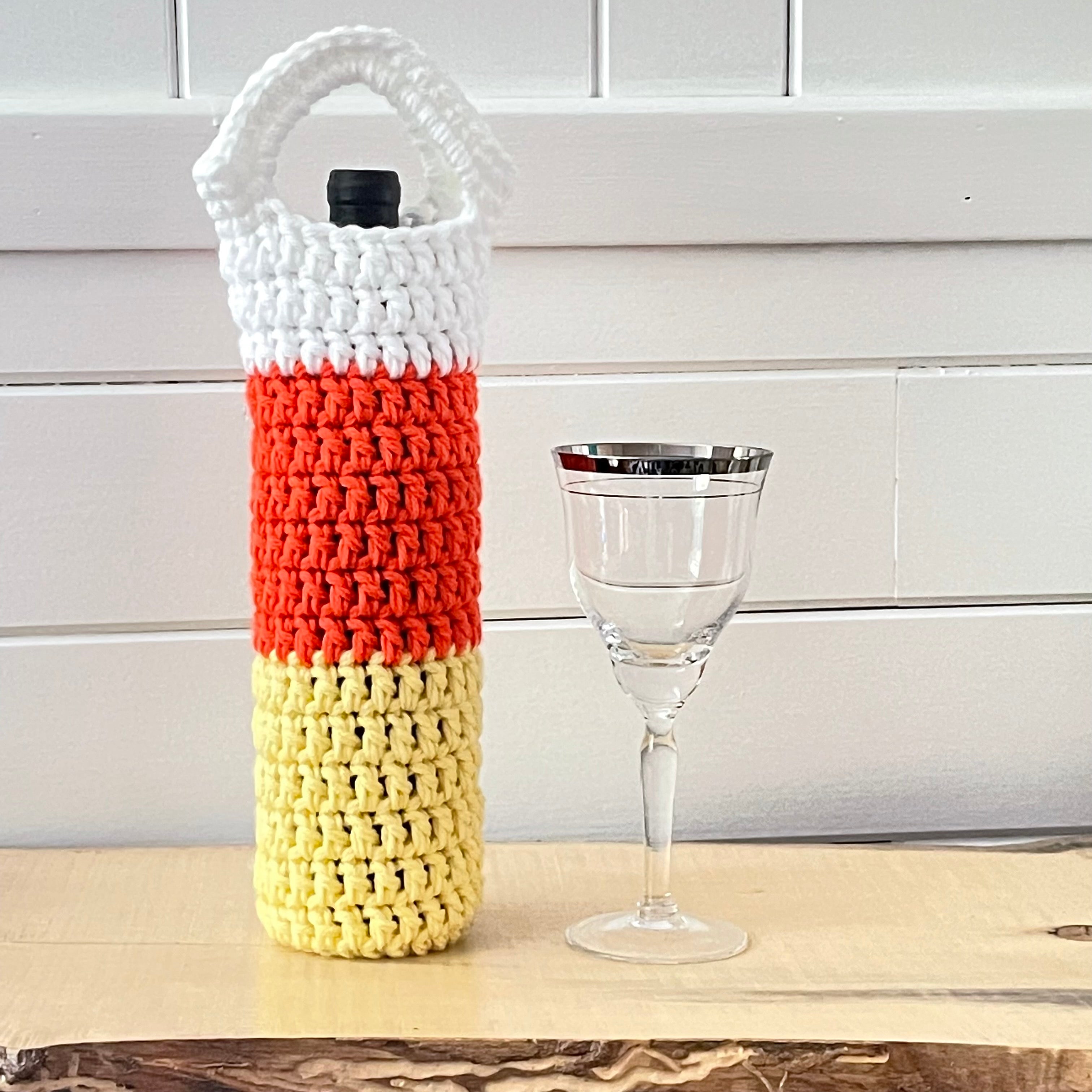 Candy Corn Wine Bottle Carrier Holders Hand Crocheted Holiday Gift Bag Knit Embellished Fall Halloween Orange Yellow