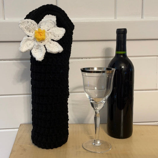 Poinsettia Wine Bottle Carrier Holders Hand Crocheted Holiday Gift Bag Knit Embellished Fall Winter Flower Floral New Year's Black White