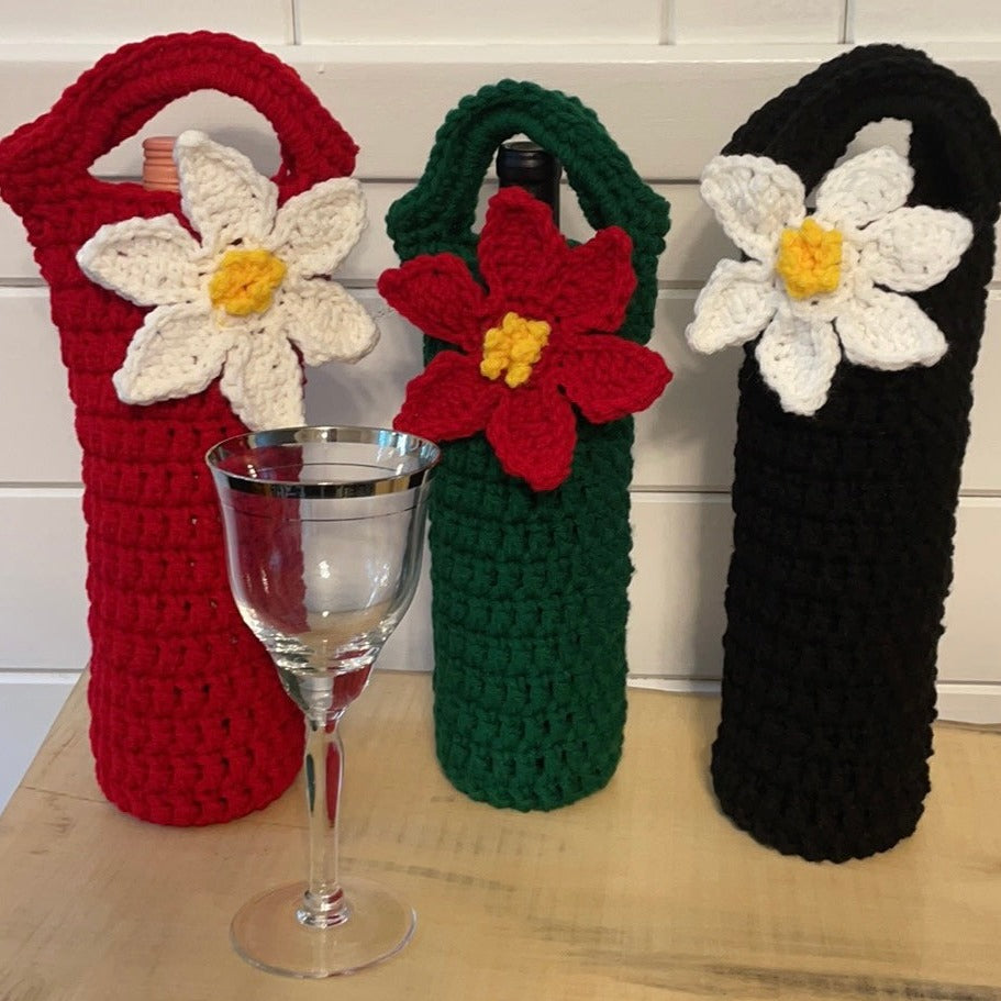 Poinsettia Wine Bottle Carrier Holders Hand Crocheted Holiday Gift Bag Knit Embellished Fall Winter Flower Floral Alcohol Christmas Red White