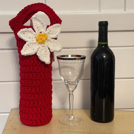 Poinsettia Wine Bottle Carrier Holders Hand Crocheted Holiday Gift Bag Knit Embellished Fall Winter Flower Floral Alcohol Christmas Red White