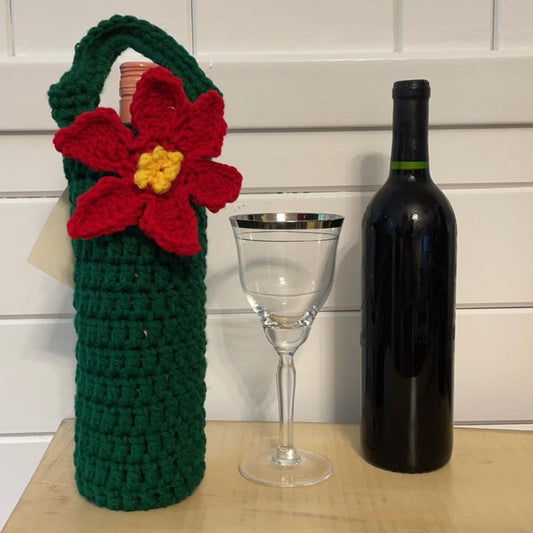 Poinsettia Wine Bottle Carrier Holders Hand Crocheted Holiday Gift Bag Knit Embellished Fall Winter Flower Floral Christmas Green Red