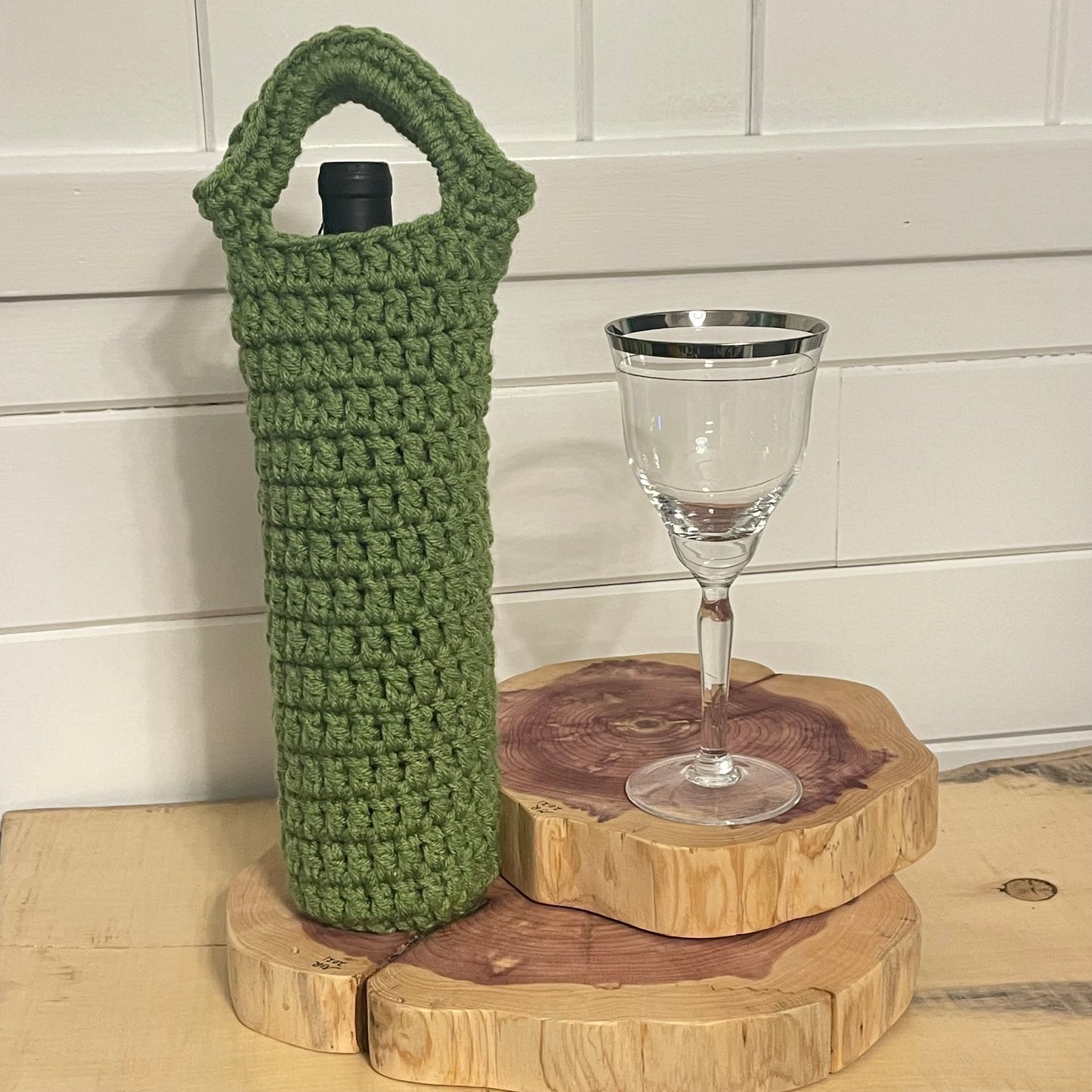 Poinsettia Wine Bottle Carrier Holders Hand Crocheted Holiday Gift Bag Knit Embellished Fall Winter Flower Floral Alcohol Avocado Green Red