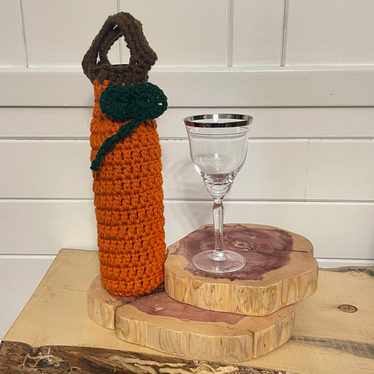 Pumpkin Wine Bottle Carrier Holders Hand Crocheted Holiday Gift Bag Knit Embellished Fall Winter Flower Floral Alcohol Orange Green