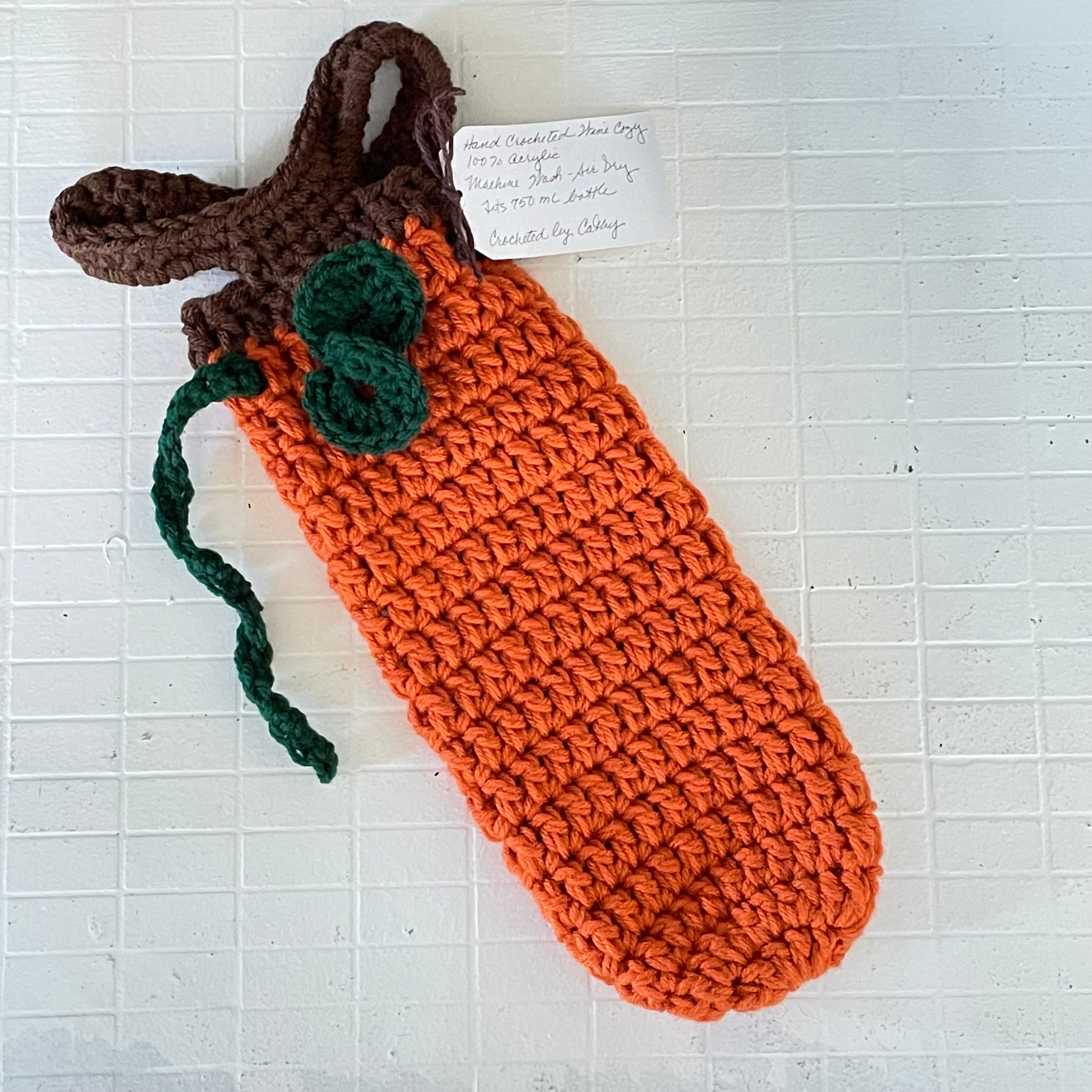 Pumpkin Wine Bottle Carrier Holders Hand Crocheted Holiday Gift Bag Knit Embellished Fall Winter Alcohol Orange Green