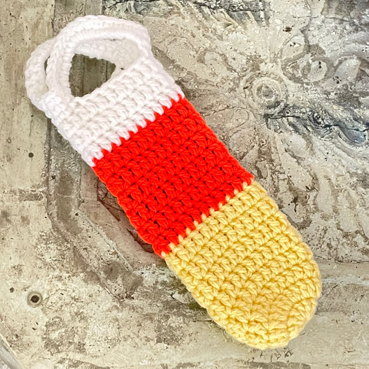 Candy Corn Wine Bottle Carrier Holders Hand Crocheted Holiday Gift Bag Knit Embellished Fall Halloween Orange Yellow