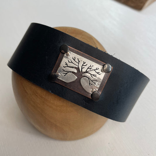 Stamped Tree of Life & Dark Blue Leather Cuff Bracelet 7.5" Mixed Metal Unisex Nashville