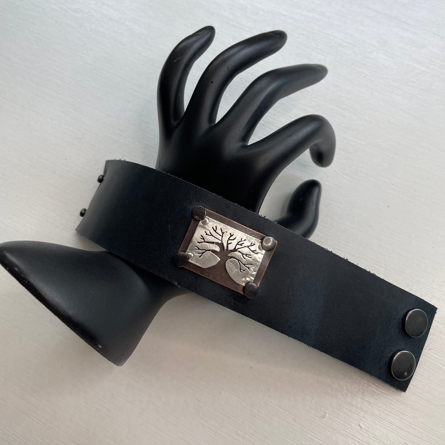 Stamped Tree of Life & Dark Blue Leather Cuff Bracelet 7.5" Mixed Metal Unisex Nashville