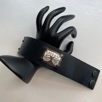 Stamped Tree of Life & Dark Blue Leather Cuff Bracelet 7.5" Mixed Metal Unisex Nashville