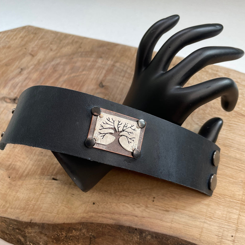 Stamped Tree of Life & Dark Blue Leather Cuff Bracelet 7.5" Mixed Metal Unisex Nashville