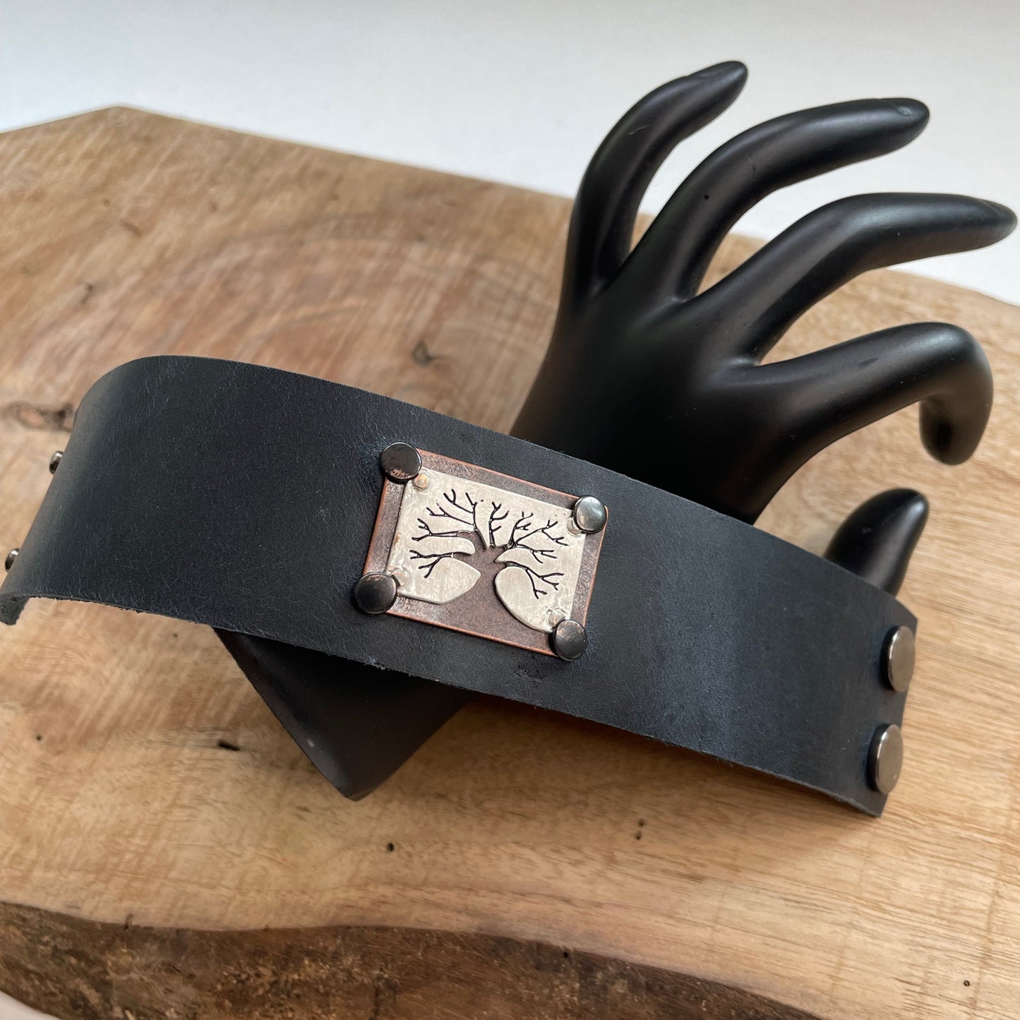 Stamped Tree of Life & Dark Blue Leather Cuff Bracelet 7.5" Mixed Metal Unisex Nashville