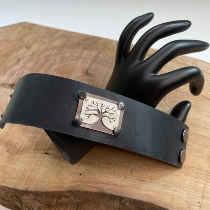 Stamped Tree of Life & Dark Blue Leather Cuff Bracelet 7.5" Mixed Metal Unisex Nashville