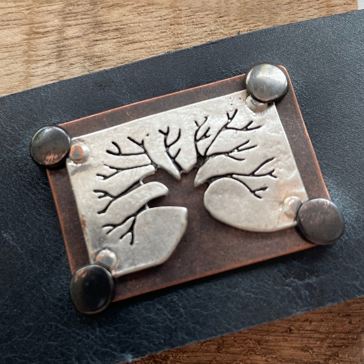 Stamped Tree of Life & Dark Blue Leather Cuff Bracelet 7.5" Mixed Metal Unisex Nashville
