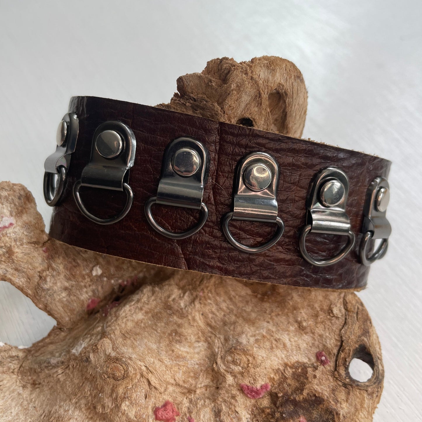Framing Hook & Textured Alligator Leather Cuff Bracelet 7.75" Brown Black Unisex Upcycled Repurposed Punk Rock Mixed Metal