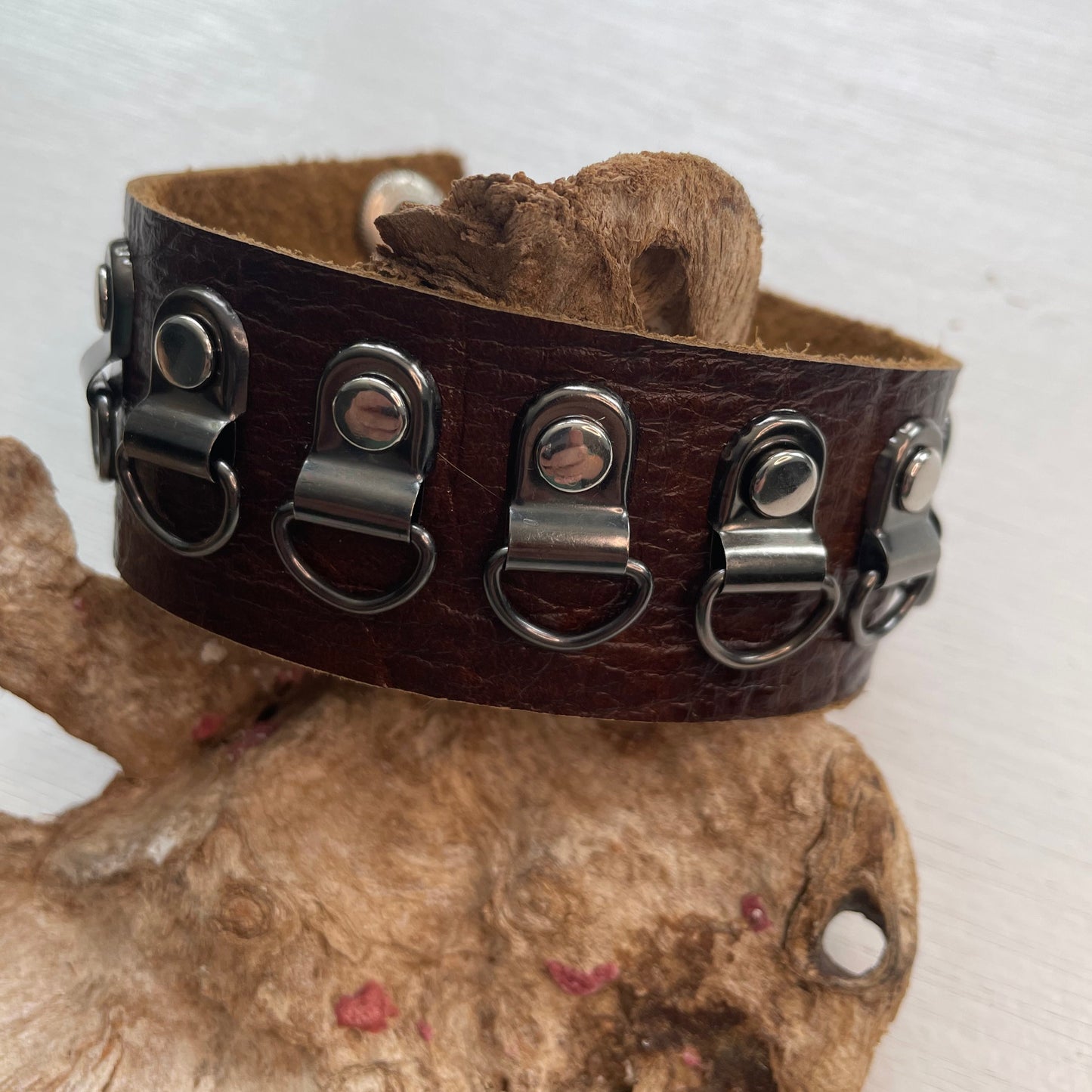 Framing Hook & Textured Alligator Leather Cuff Bracelet 7.75" Brown Black Unisex Upcycled Repurposed Punk Rock Mixed Metal