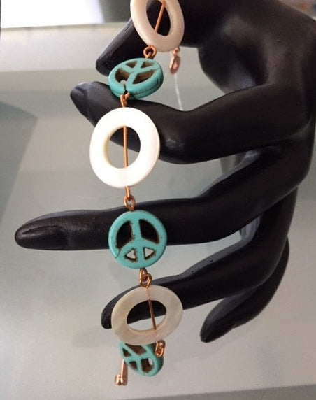 Peace Sign & Shell Bracelet Copper Shell Turquoise Magnesite Geometric Zen Chunky Grounding Calm