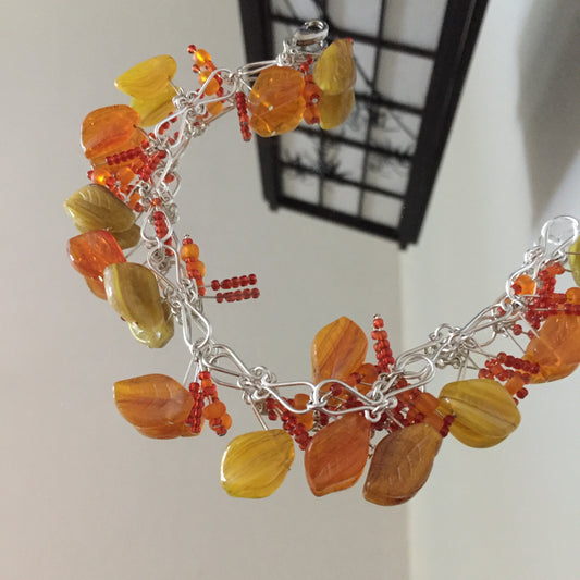 Textured Glass Fall Leaves & Hand-turned Link Bracelet 8.25" Autumn Orange Yellow Green Chunky Dangles
