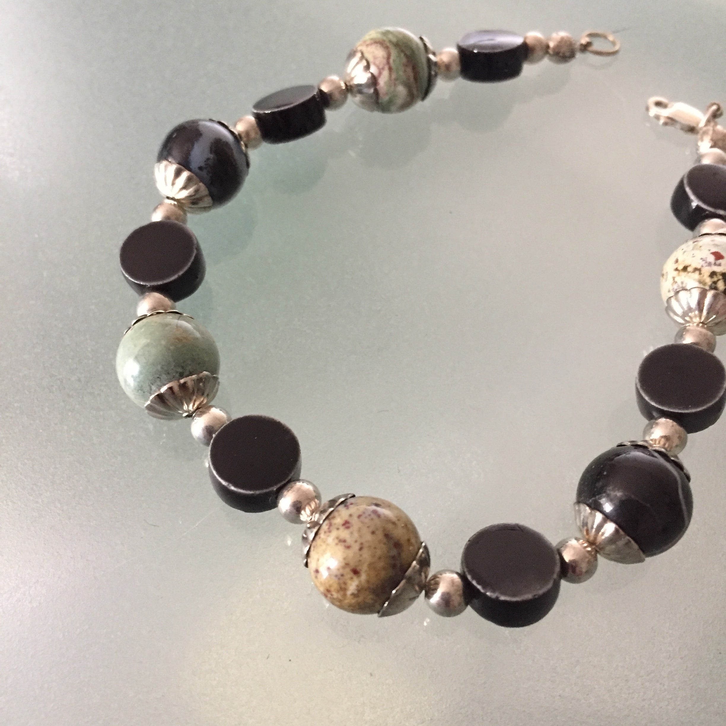 Handmade Petrified Wood & Ceramic Bead Bracelet Marbled Blue Green Brown Black Cream Textured Unisex Gift