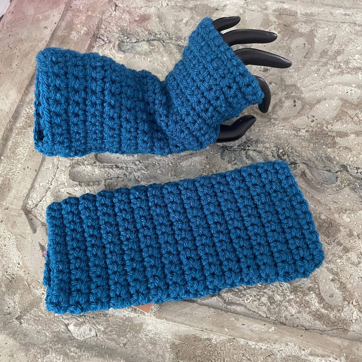 Sapphire Blue Writing Tech Fingerless Gloves Crochet Knit Gaming Texting Wrist Warmers Solid Color
