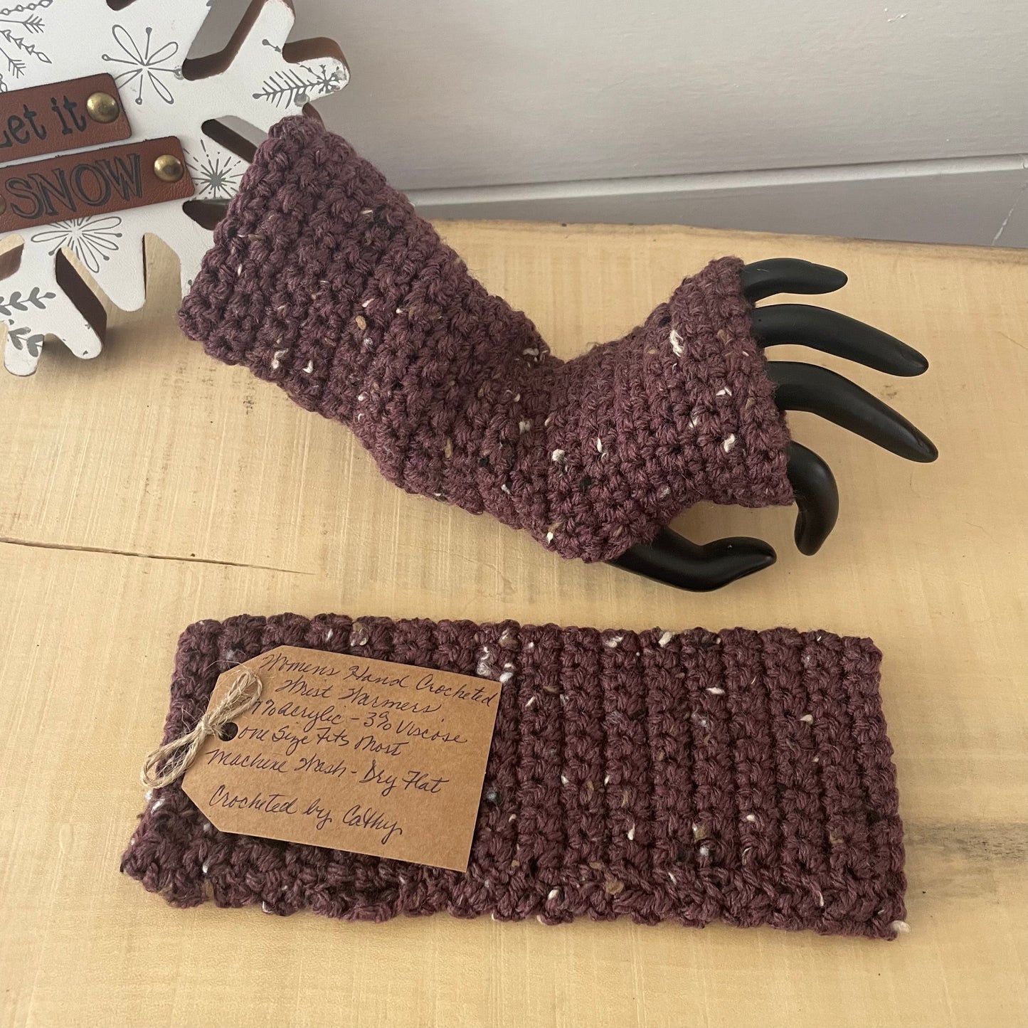 Dark Purple Speckled Tweed Texting Fingerless Gloves Crochet Knit Fall Winter Hiking Walking Wrist Warmers Outdoor Camping Gaming