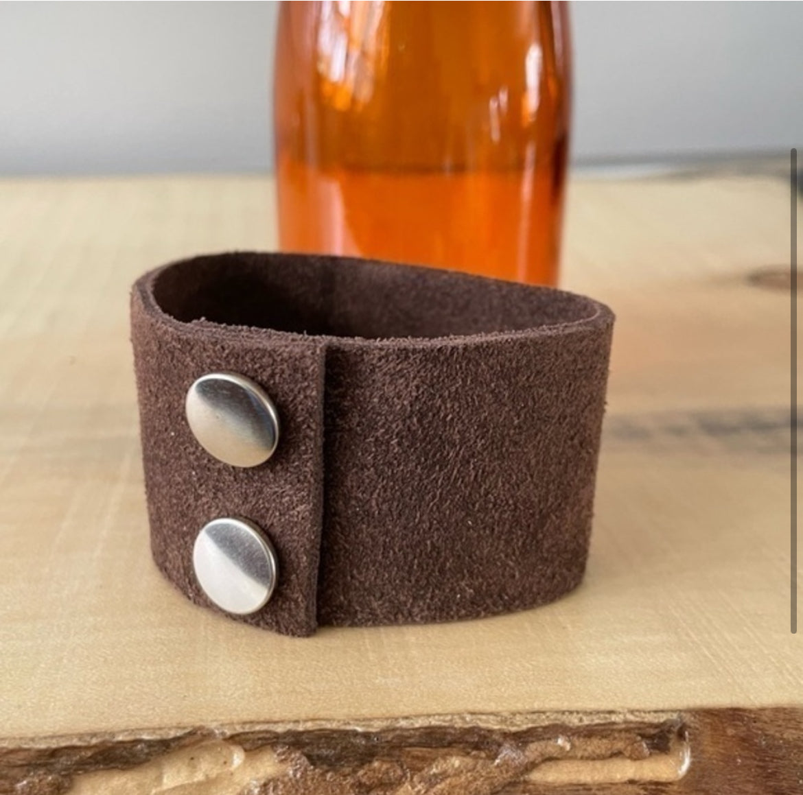 Handmade “Think Happy Thoughts” Soft Brown Suede & Blue Leather Cuff Bracelet Mixed Metal Dual Snap Inspiration Positive Motivational Men Women