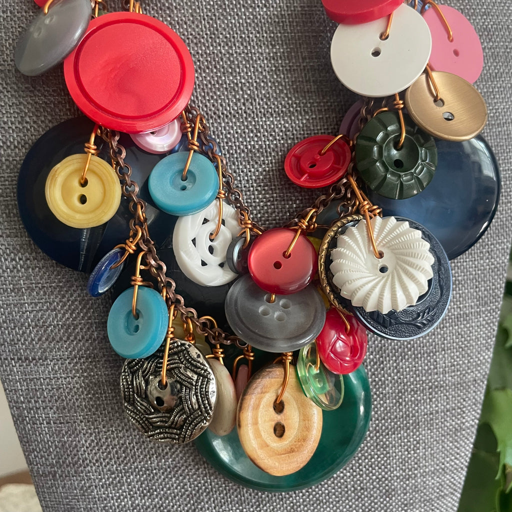 Layered Vintage Button Necklace Women's Statement Jewelry Copper Accents Drama Maximalist Handmade