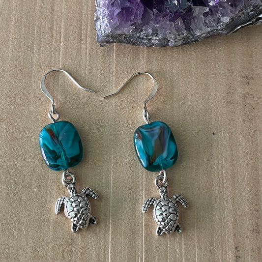 Handmade Blue Green Swirl Glass & Small Metal Turtle Dangle Earrings 2" Multicolored Women's Jewelry Casual Everyday Mom Sister Aunt Gift Birthday Holiday