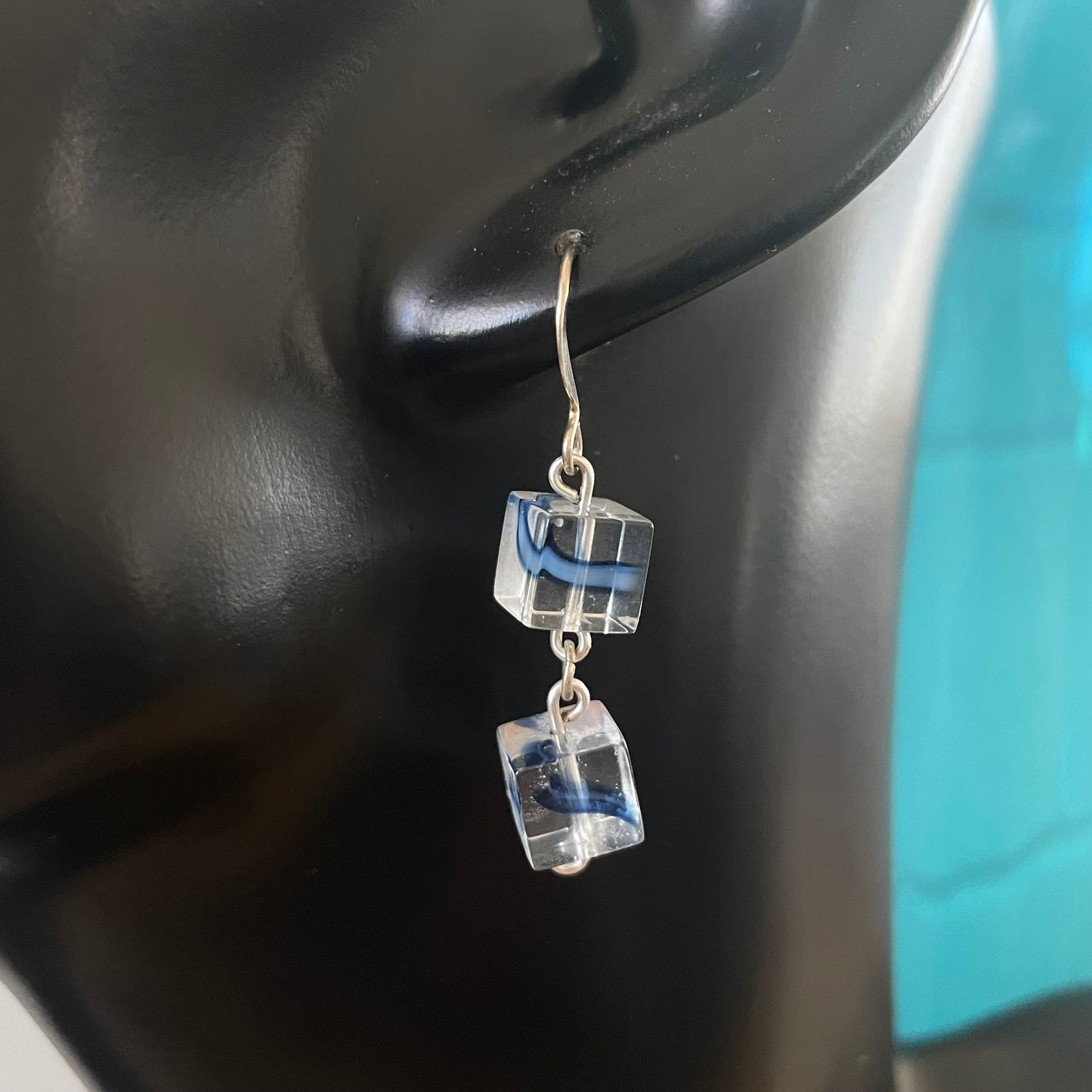 Handmade Blue Swirl & Clear Glass Dangle Earrings 1.5" Geometric Square Bead Casual Wear Fun