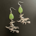 Flying Witch Earrings Green Glass Halloween Women's Casual Dangle Fall Jewelry Mixed Metal Charm 2.75"