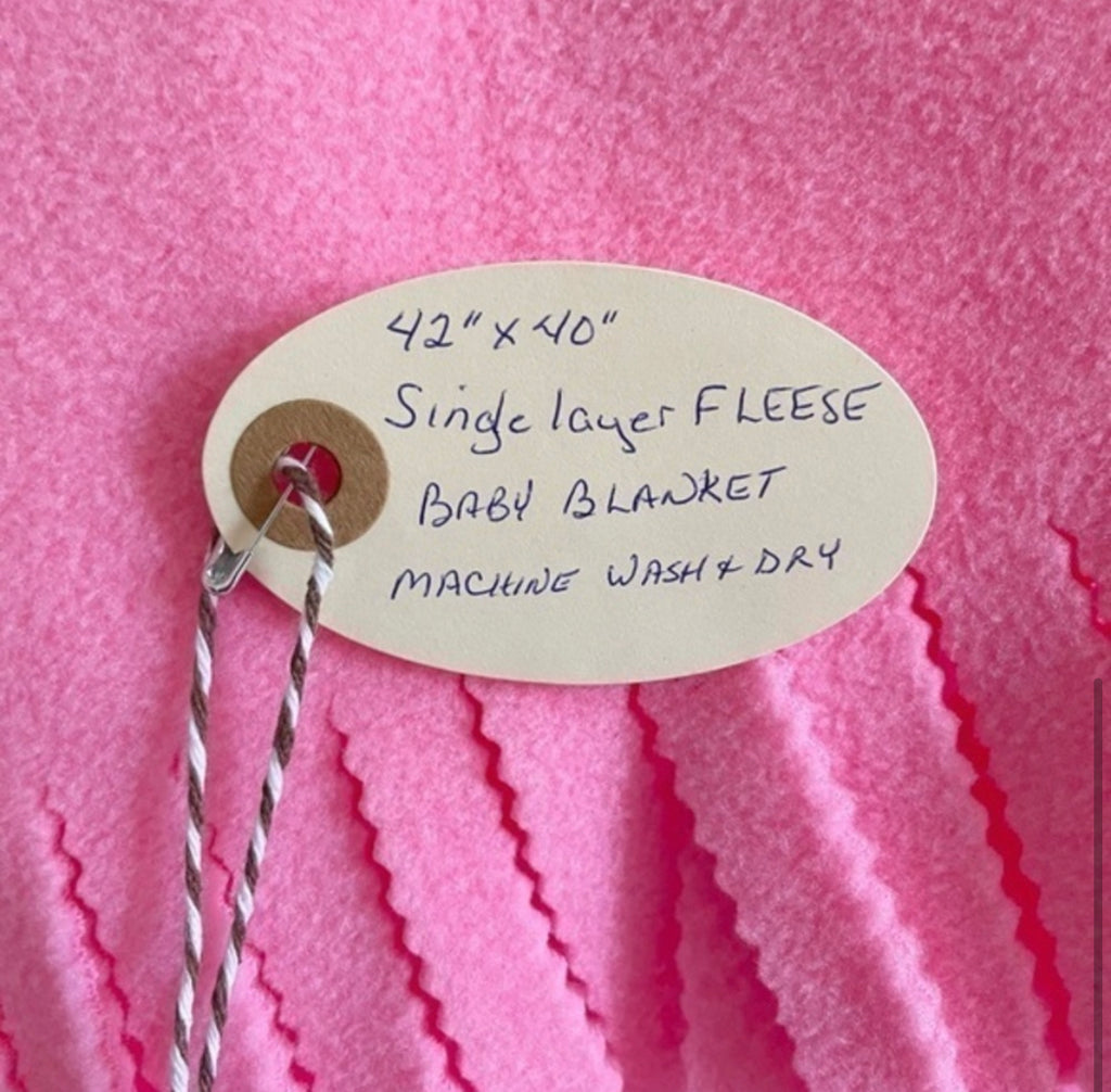 Hand Crafted Pink Fleece Baby Blanket NWT 42” x 40” Wide Fringe Kids Toddler Child Bedding Single Layer