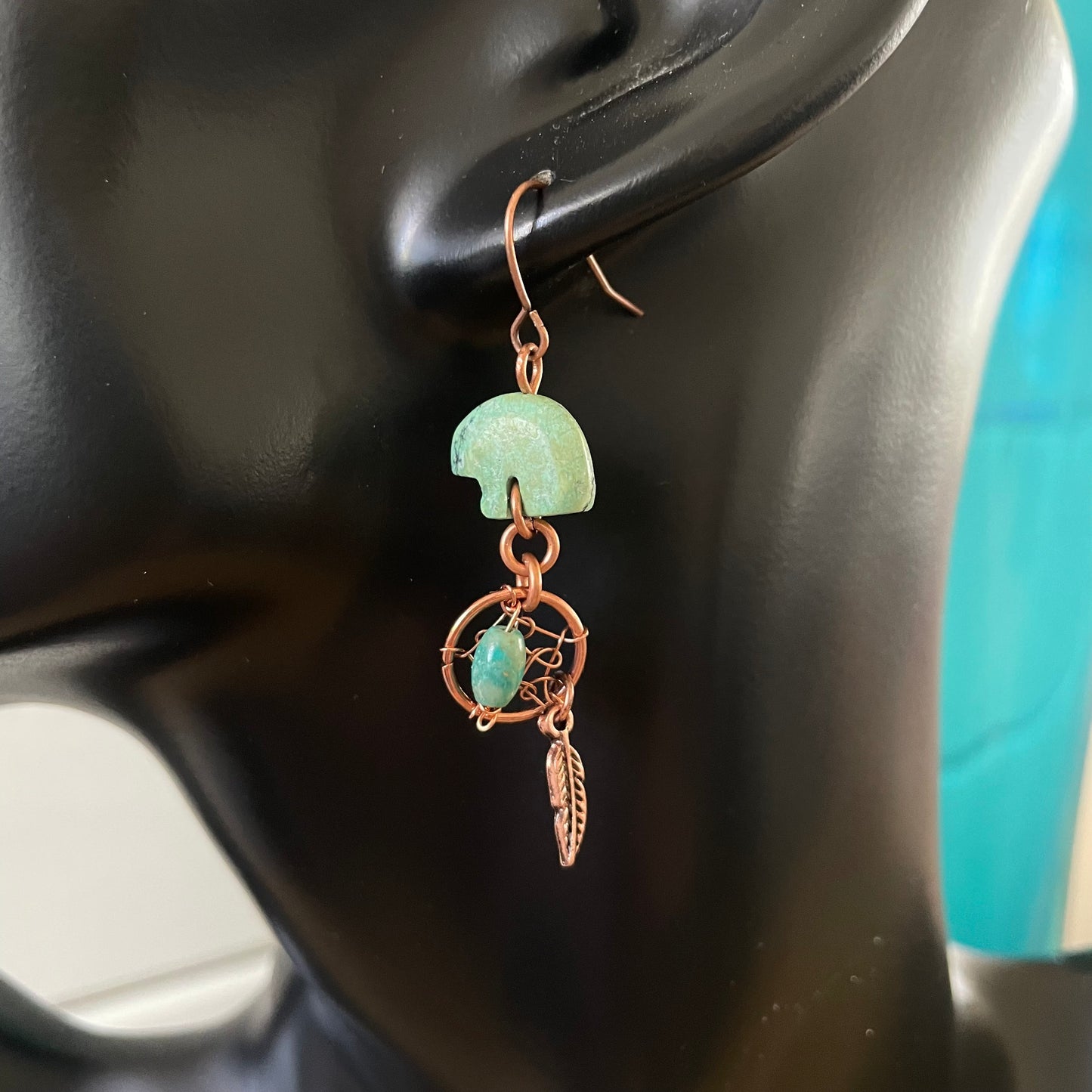 Handmade Carved Turquoise Bear & Dreamcatcher Earrings 2" Dangle Feather Copper Southwest Western