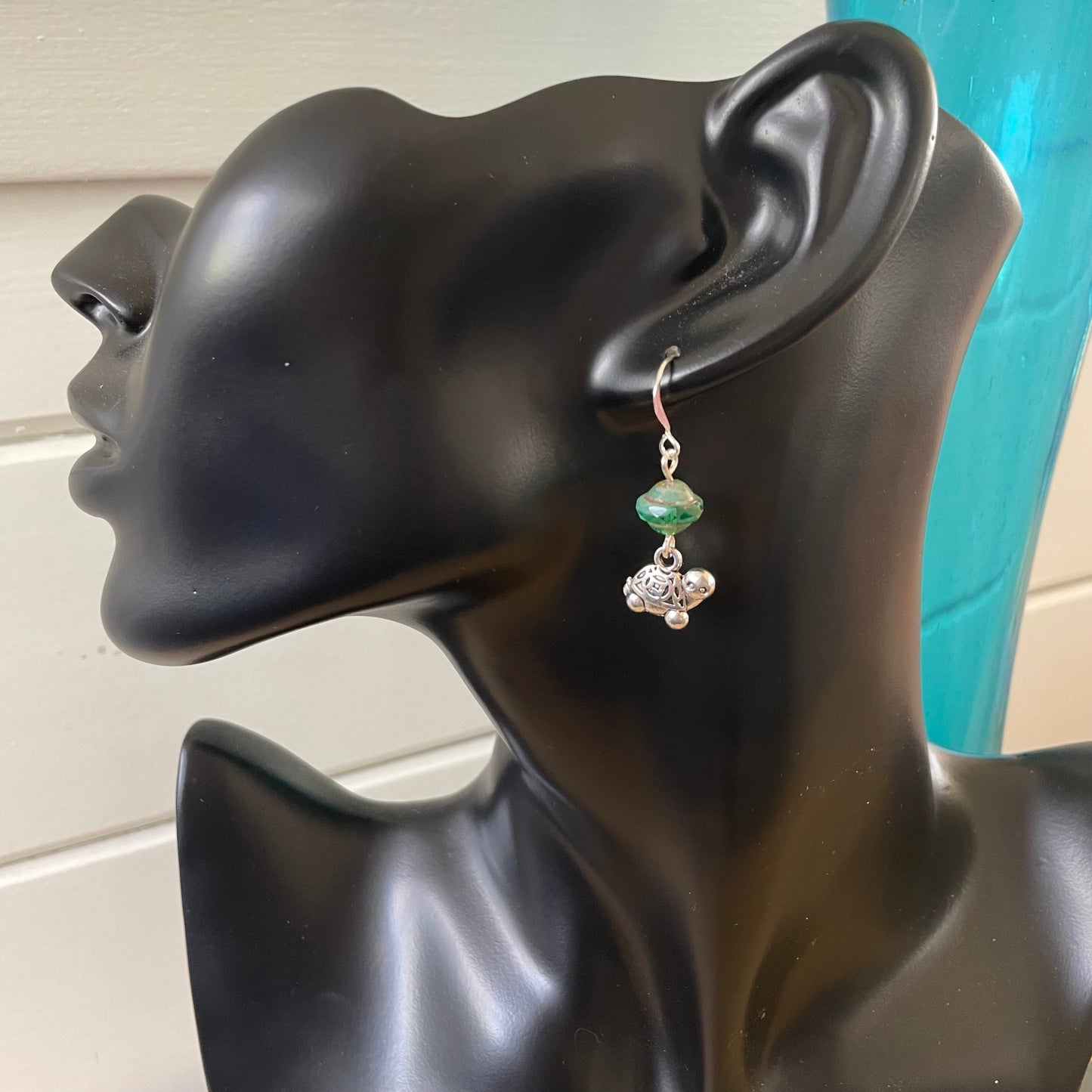 Handmade Turtle Charm Earrings 1.38" Faceted Swirled Blue Green Glass Bead Casual Minimalist Pop of Color Daily Ocean Sea