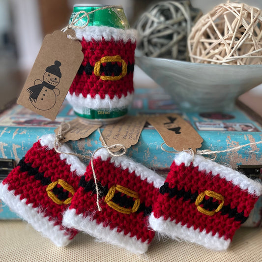 4 Pack Fuzzy Santa Belt Cup Can Cozies Huggies Koozies Hand Crocheted Indoor Outdoor Host Hostess Party Casual Gift Set Christmas Holiday