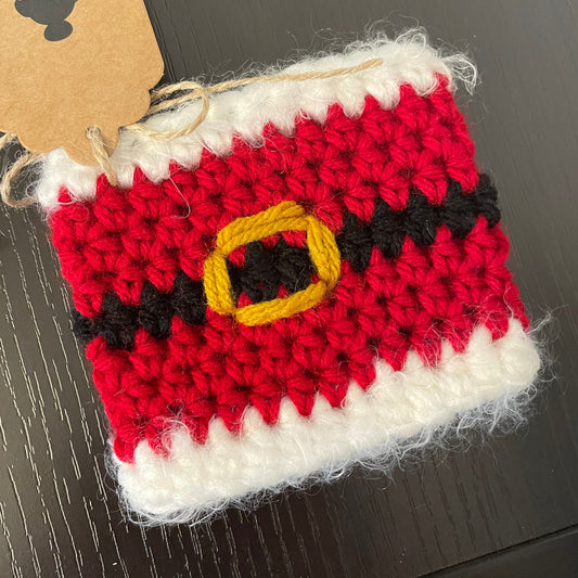 4 Pack Fuzzy Santa Belt Cup Can Cozies Huggies Koozies Hand Crocheted Indoor Outdoor Host Hostess Party Casual Gift Set Christmas Holiday