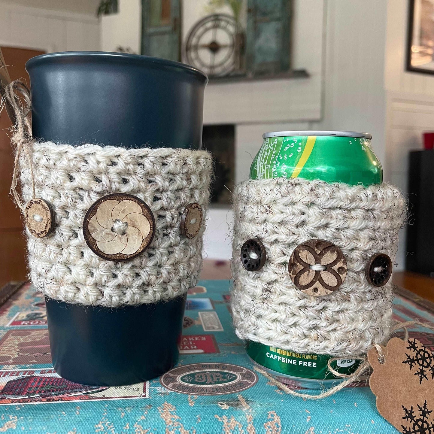 2 Pc Set Speckled Wheat Can Cup Cozy Koozie Button Embellished Butterfly Flower Reusable displayed on travel cup and soda can