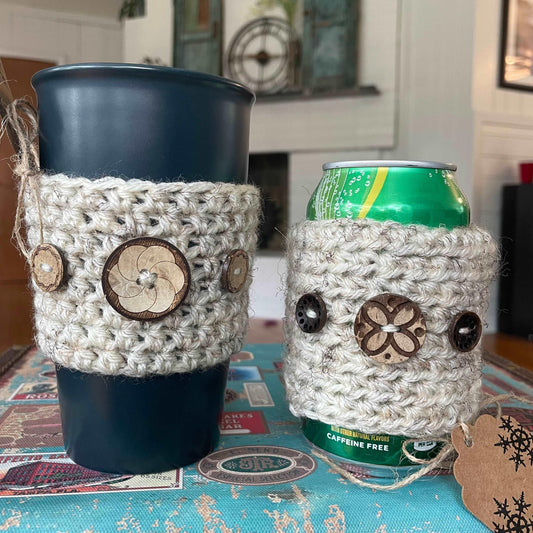 2 Pc Set Speckled Wheat Can Cup Cozy Koozie Button Embellished Butterfly Flower Reusable displayed on travel cup and soda can
