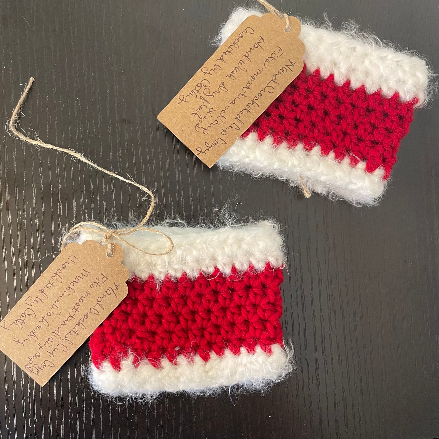 2 Pack Fuzzy Red & White Stripe Cup Can Cozies Huggies Koozies Hand Crocheted Indoor Outdoor Host Hostess Party Casual Gift Set Christmas Holiday