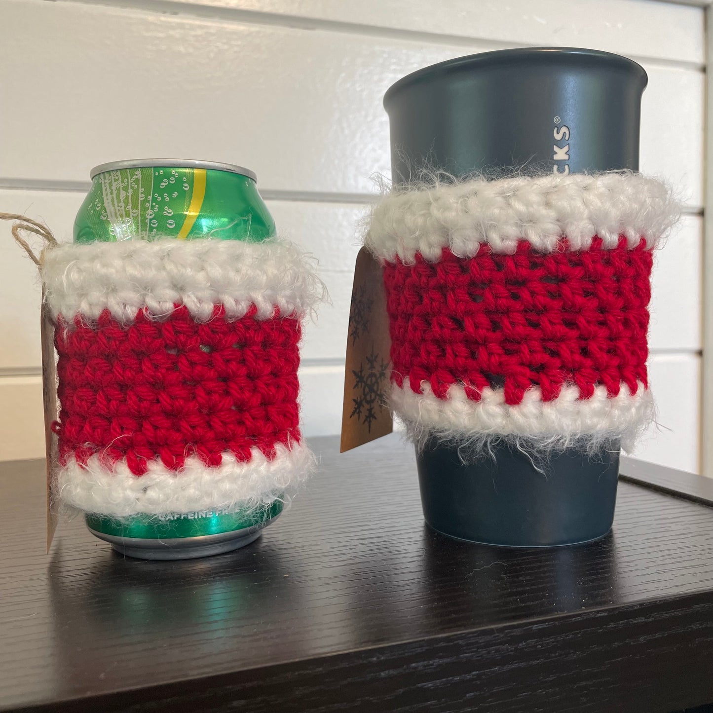 2 Pack Fuzzy Red & White Stripe Cup Can Cozies Huggies Koozies Hand Crocheted Indoor Outdoor Host Hostess Party Casual Gift Set Christmas Holiday