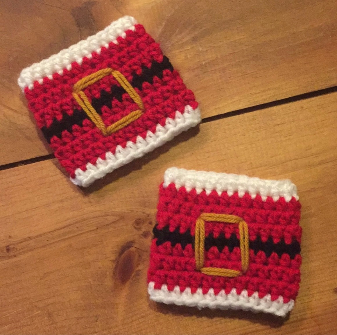 2 Pack Santa Belt Cup Can Cozies Huggies Koozies Hand Crocheted Indoor Outdoor Host Hostess Party Casual Gift Set Christmas Holiday