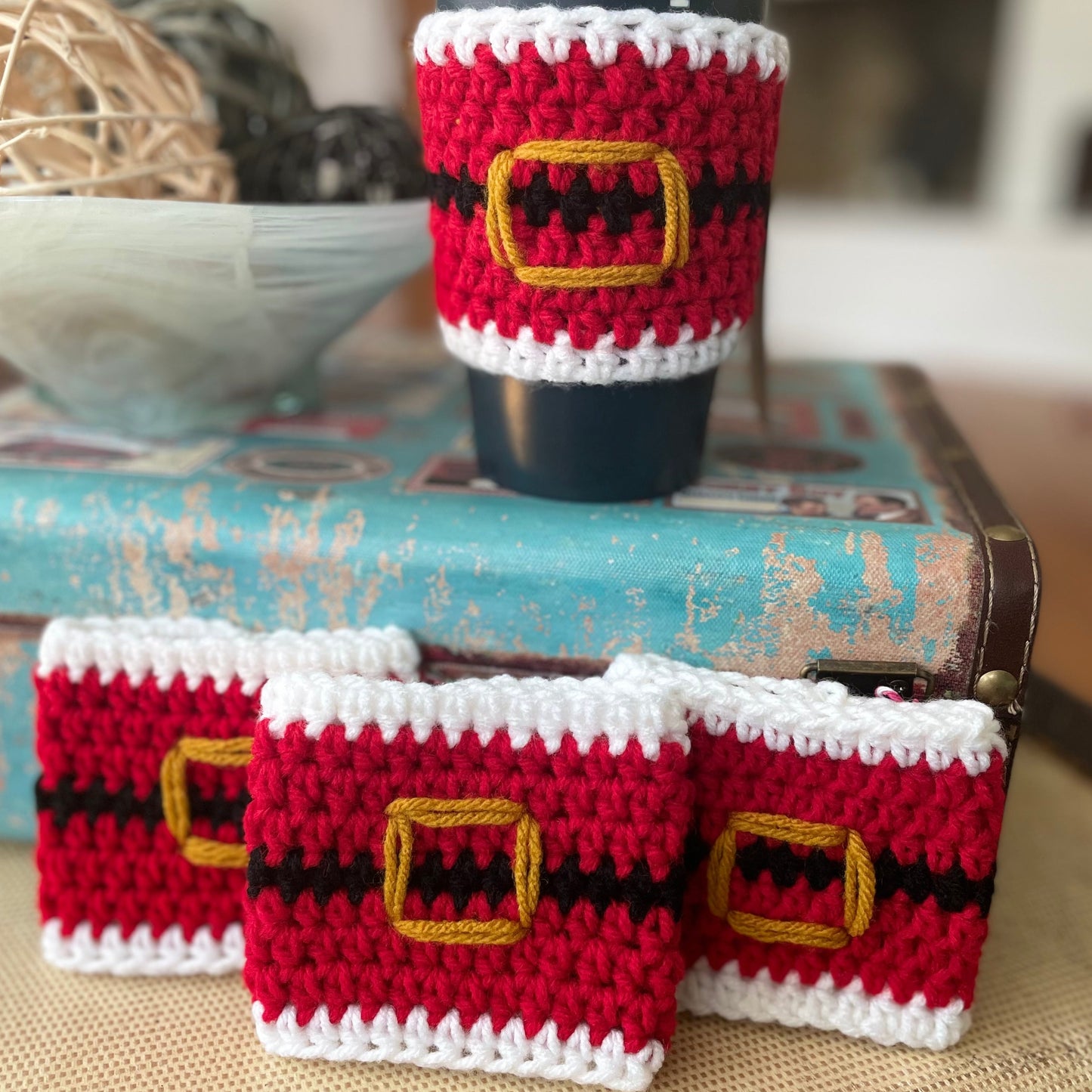 4 Pack Santa Belt Cup Can Cozies Huggies Koozies Hand Crocheted Indoor Outdoor Host Hostess Party Casual Gift Set Christmas Holiday